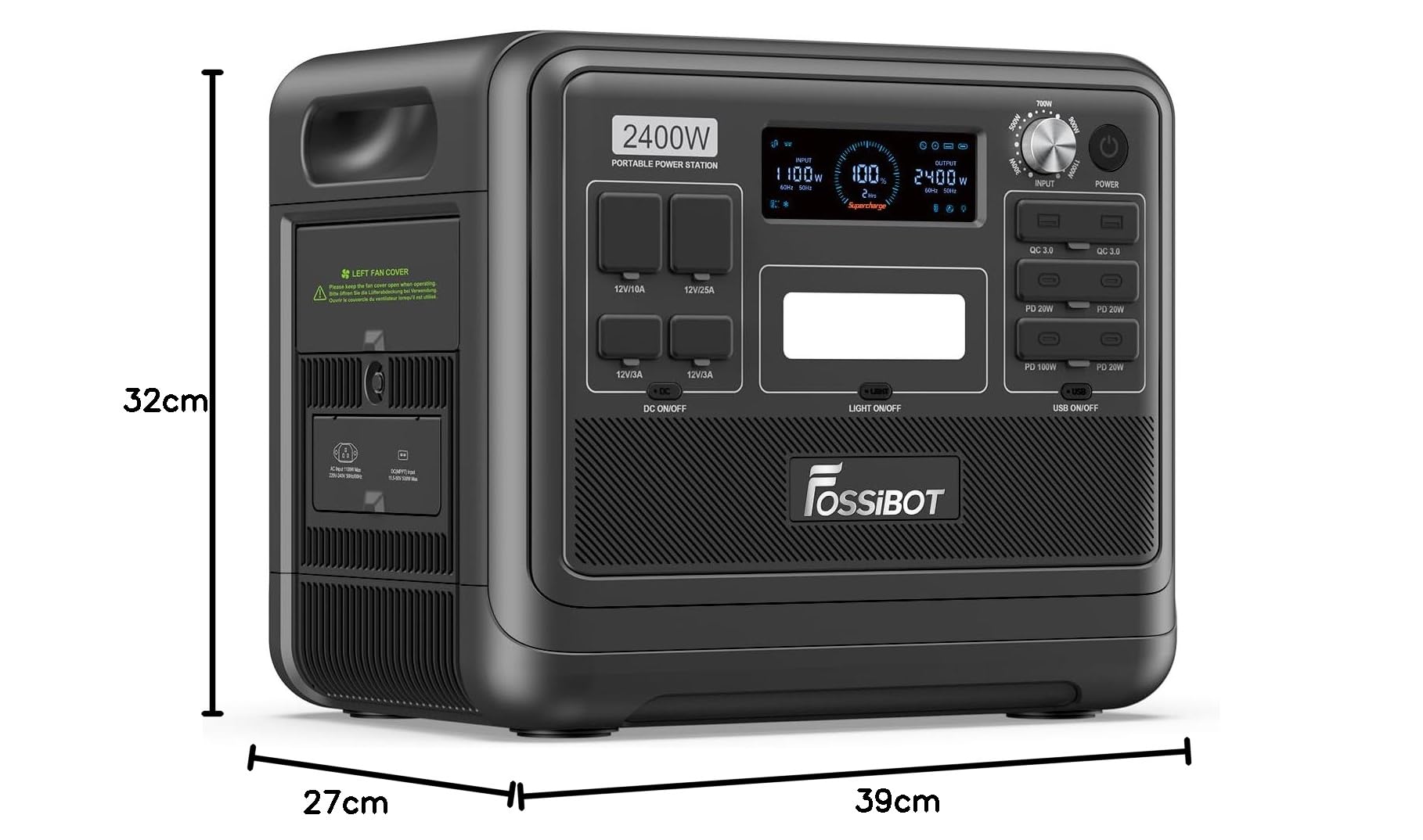 FOSSIBOT F2400 Station d'alimentation portable avec LiFePO4 2048 Wh, 3 sorties CA 2400 W (4800 W crête), générateur solaire 230 V AC/DC/USB C/QC3.0, générateur d'énergie mobile pour l'extérieur, le