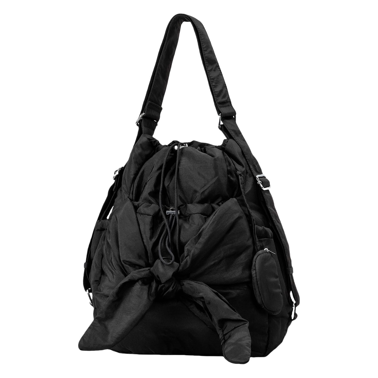 Borsa A Tracolla In Nylon Da Donna Casual A Secchiello Con Coulisse Tasche Multiple E Tracolla Regolabile. Coulisse Alla