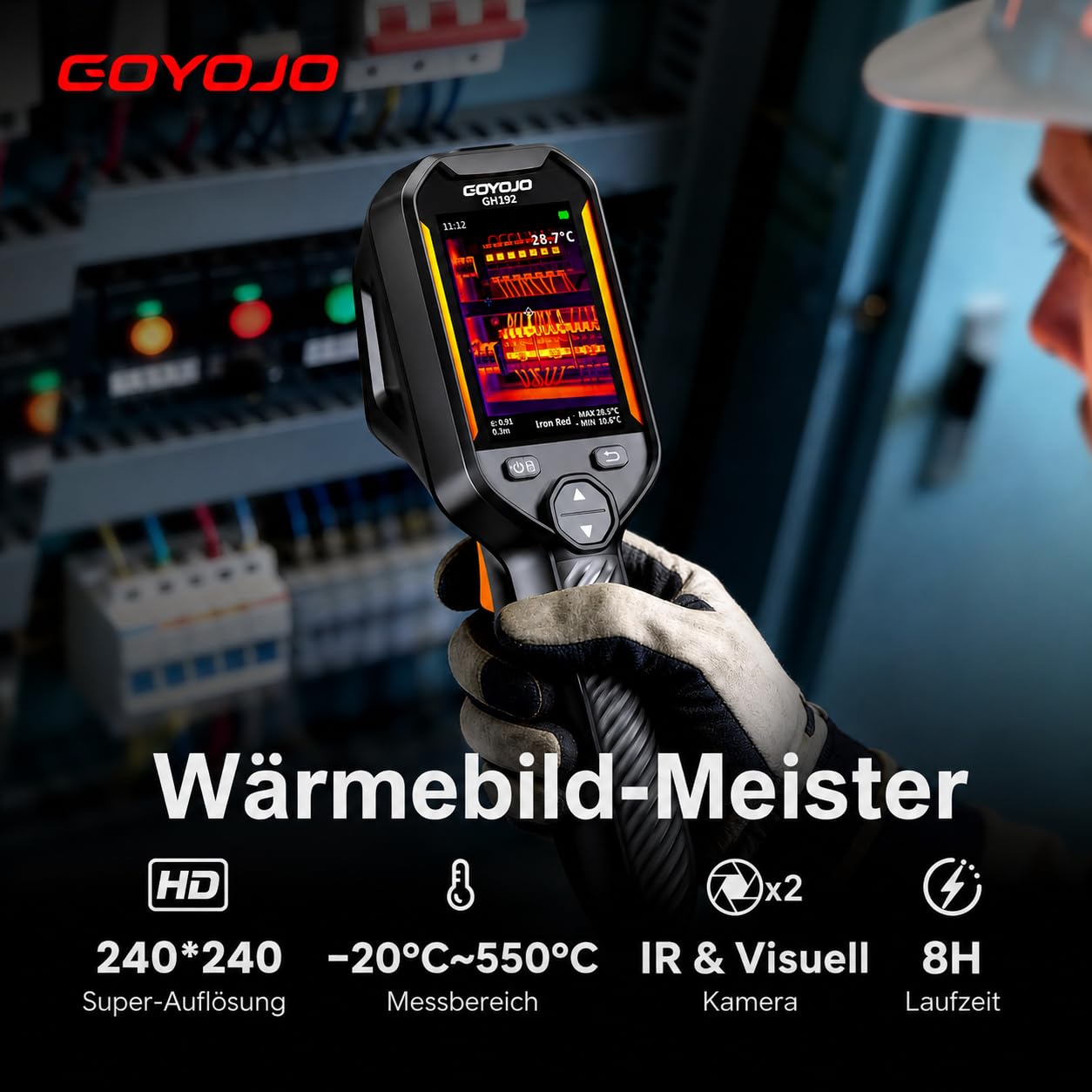 GOYOJO Wärmebildkamera 240×240 IR-Auflösung, 25Hz Infrarotkamera mit 2MP Sichtkamera, -20°C bis 550°C, Handheld Infrared Camera Thermal Imaging für Hausinspektion, Lecksuche, Elektrik und HVAC