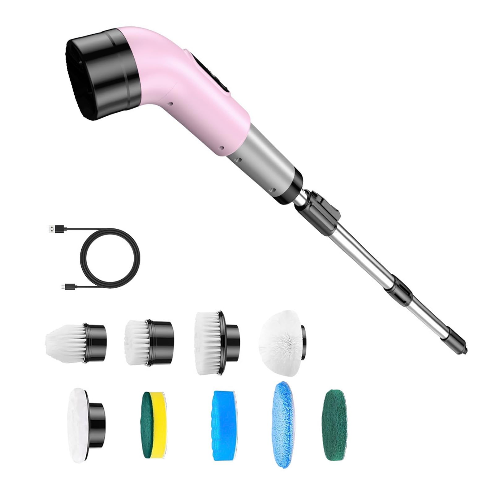 Tsophreniq Motorized Scrub Brush Set with Extendable Handle, USB Cable and 9 Heads for Bathroom Kitchen Home Chore Tasks Routine Motorized Scrubber Rotating Brush Ceramic Grout Care