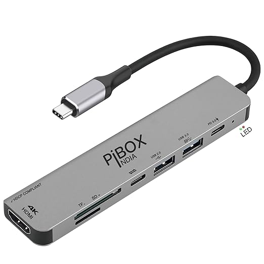 Pibox India – USB C Hub Dock- 7 in 1 with 4K 30Hz Hdcp Compliant, 4K Hdmi Port, USB 3.0 Port, USB-C Power Delivery, Tf/Sd Card Reader, MacBook Air, Pro/Dell/Samsung USB C Devices (Grey) at Rs. 1023