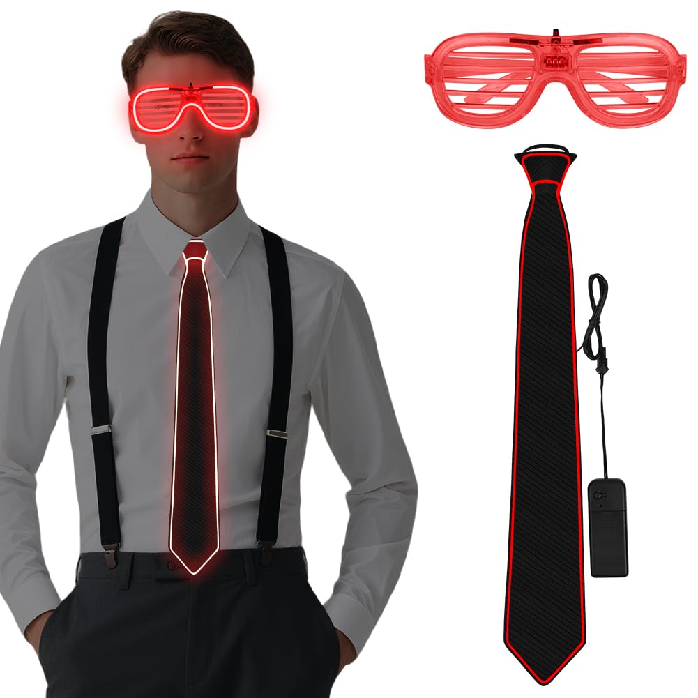 Alaoo LED Light Up Glasses Glow, 2Pcs Light Up Neckties with 3 Flash Modes LED Glow