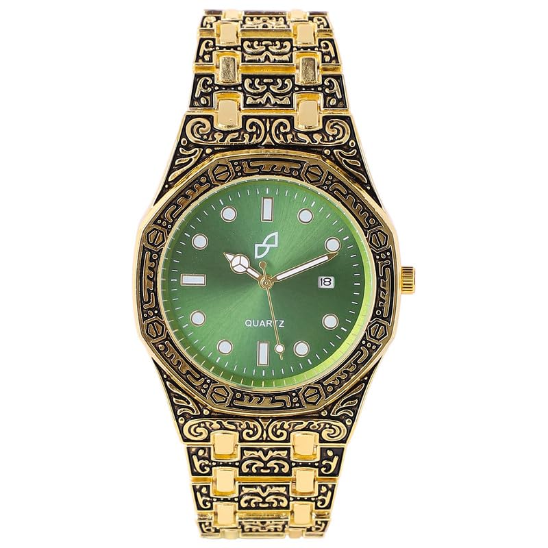 Women's The Grecian Embossed Round Watch | Gold Stainless Steel Strap | Emerald Green Dial | One-Size | Foldover Closure | Quartz | Battery | Wrist Belt Watch for Female and Girls-image-19