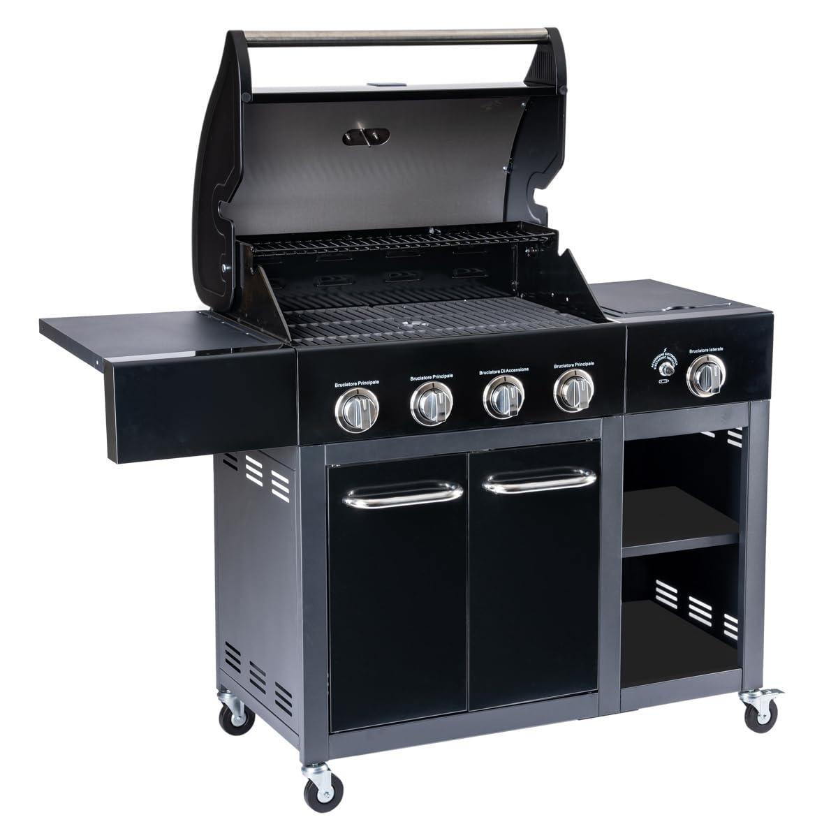 Arsard Barbecue a Gas Professionale XXL 5 Fuochi 16 KW Griglia Ghisa Acciaio Inox Bruciatore Laterale Coperchio Termometro