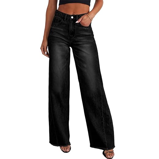 Sidefeel Women's Wide Leg Jeans High Waisted Strechy Raw Hem Zimbaplatinum Denim Pants