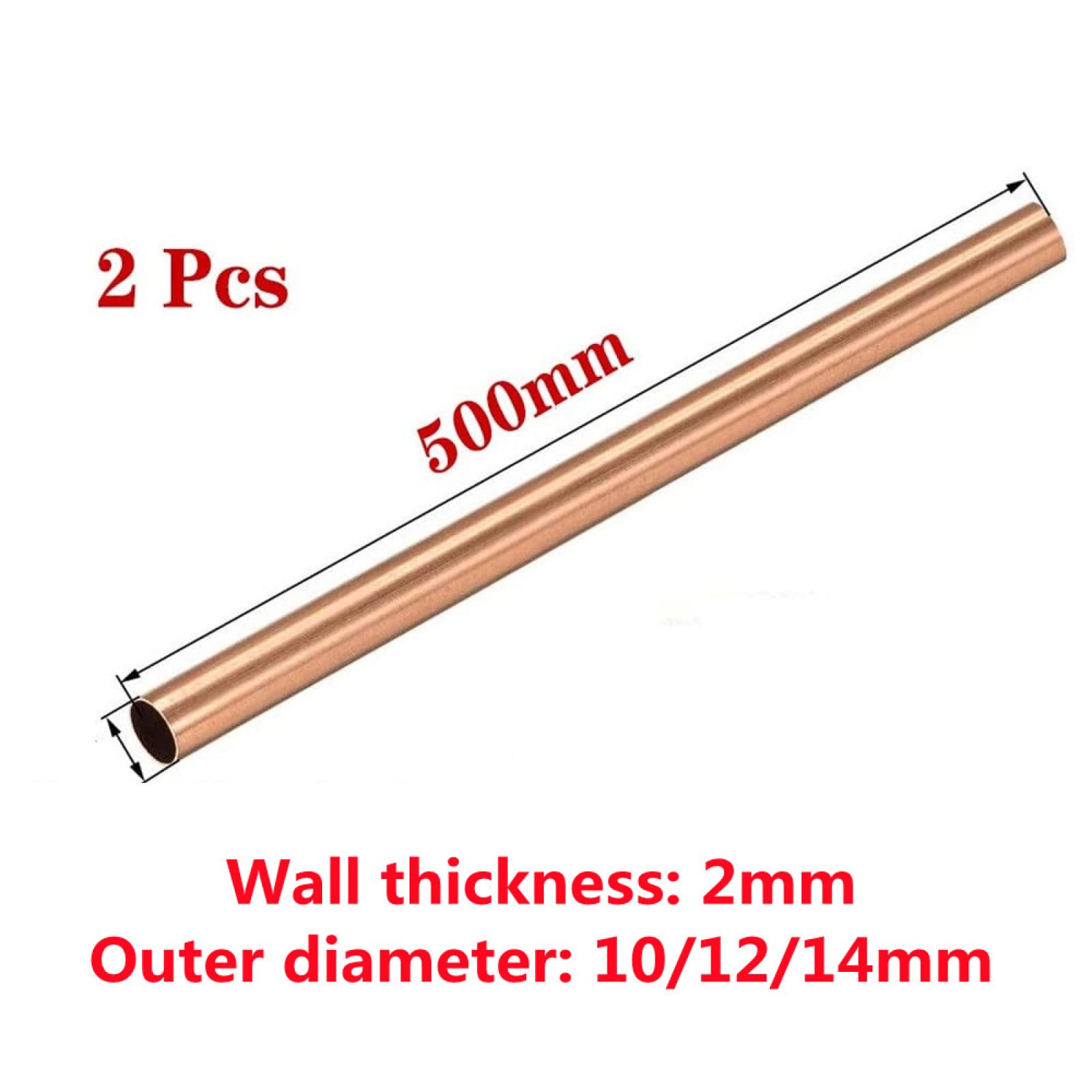 Tubo tondo in rame, Tubo in rame Tubo in rame, Tubo in rame duro, Tubo in rame dritto, Tubo dritto in rame T2, Purezza 99,9%, Spessore 2 mm, Lunghezza 500 mm, Diametro esterno 14 mm*2 pezzi
