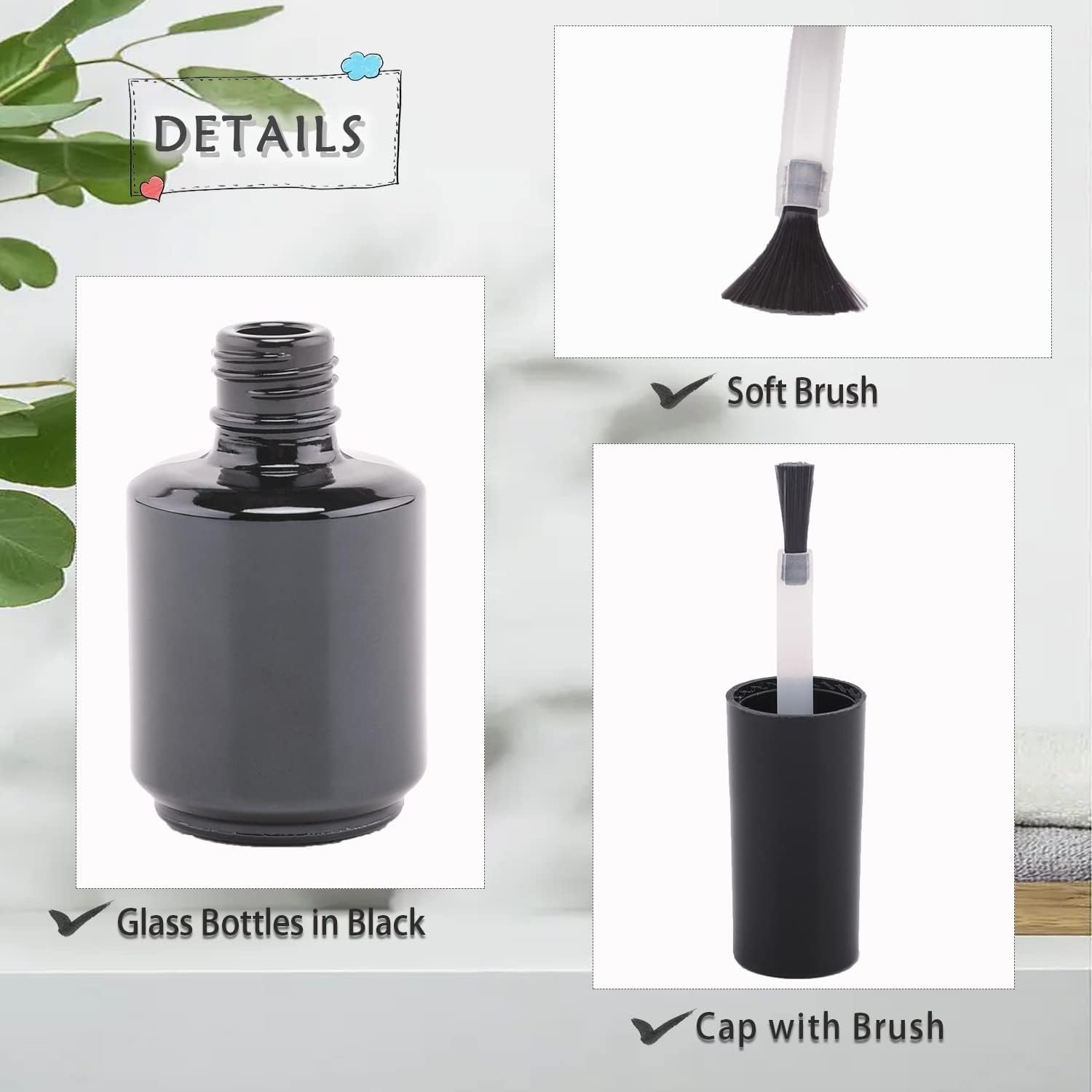 Empty Gel Nail Polish Bottles, 15ML Empty Nail Polish Bottles with Brush Matte Black, Opaque Round Refillable Fingernail Polish Bottles UV Safe with Mixing Balls & Funnels, Pack of 6 (Glossy Black)