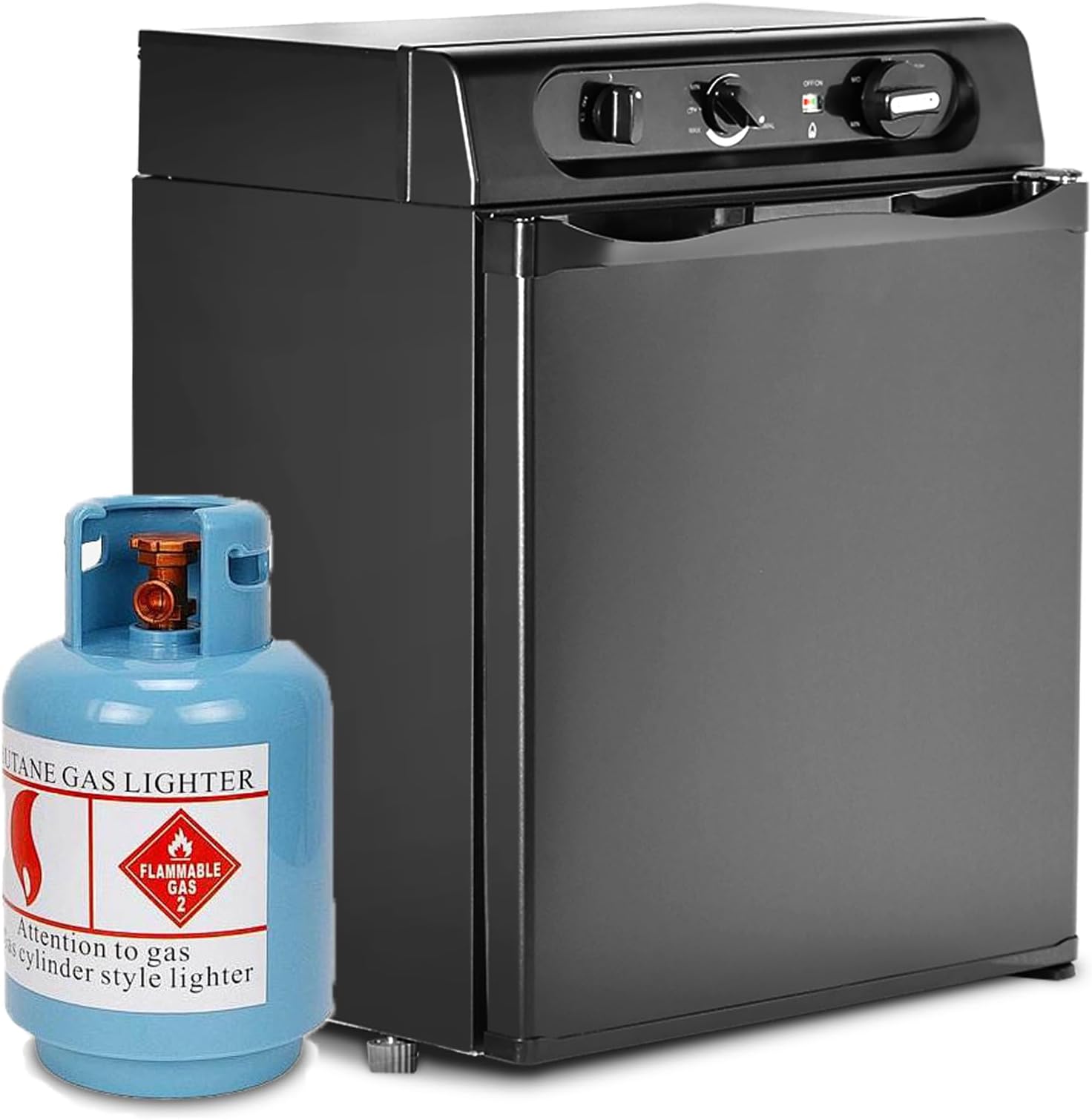 Propane Refrigerator off Grid 1.4 Cu.Ft, 3 Way RV Fridge, 12 V/110V/LPG Compact Gas Refrigerators for Semi Truck, Camper Van, Garage, Black