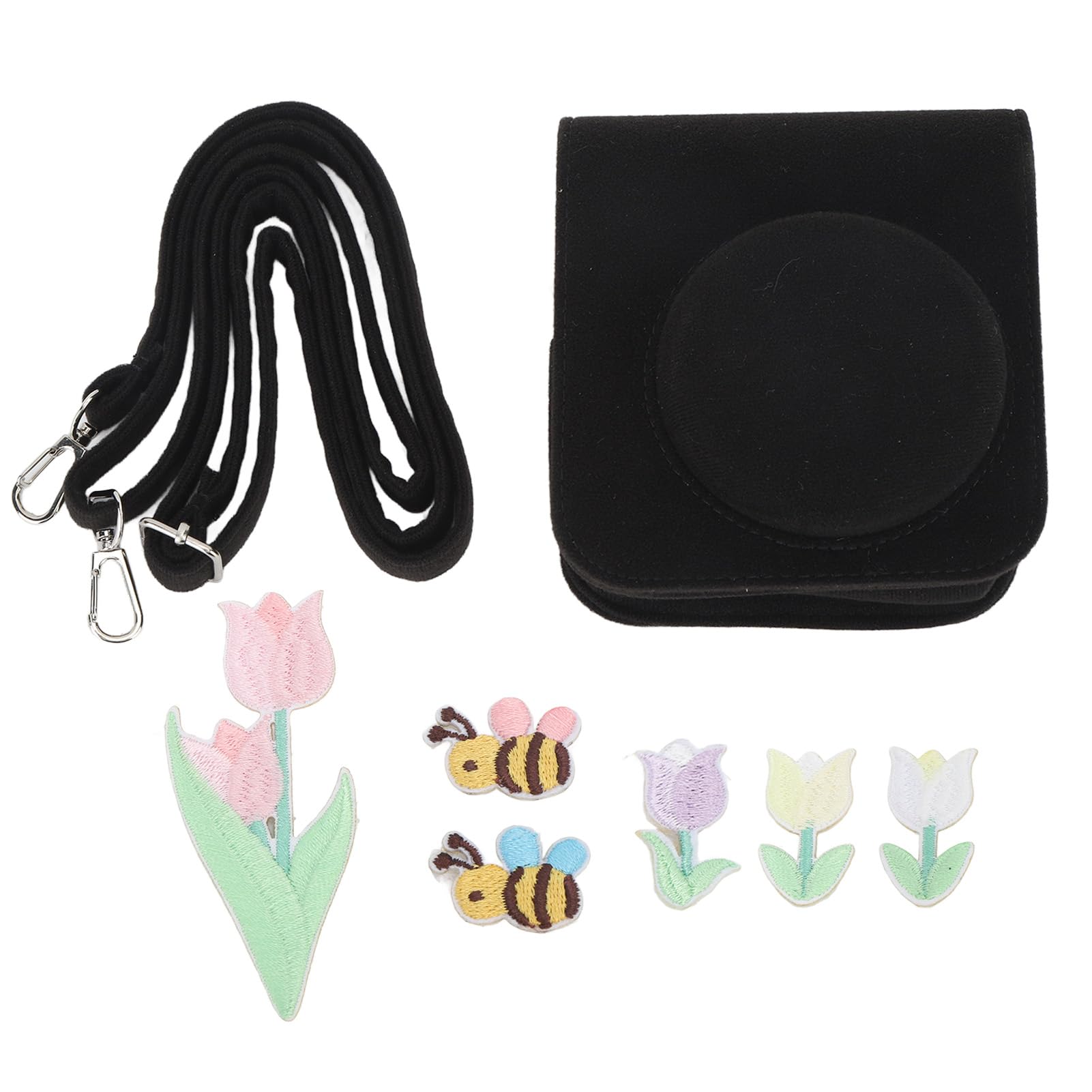 Mbeysaq Mini 12 Camera Black Felt Bag with Tulip Bee Paste - Protective Cover & DIY Decor - Adjustable Shoulder Strap - Lightweight & Scratch