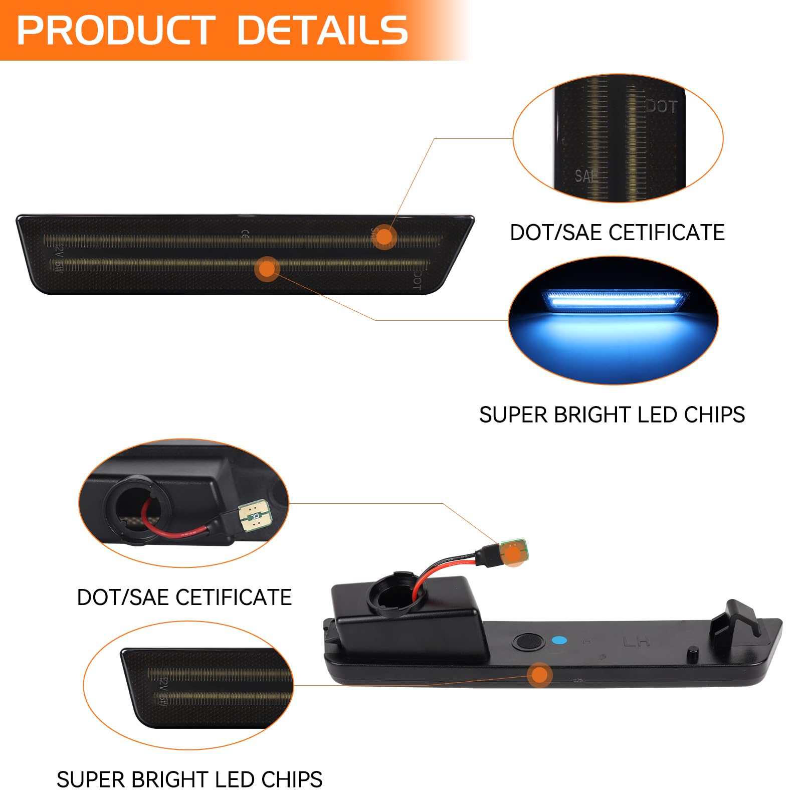 Luces de marcador laterales LED azules con lente ahumada para Dodge Challenger 2008-2014 Dodge Charger 2011-2014, reflectores de marcador de parachoques trasero, 2 unidades 2