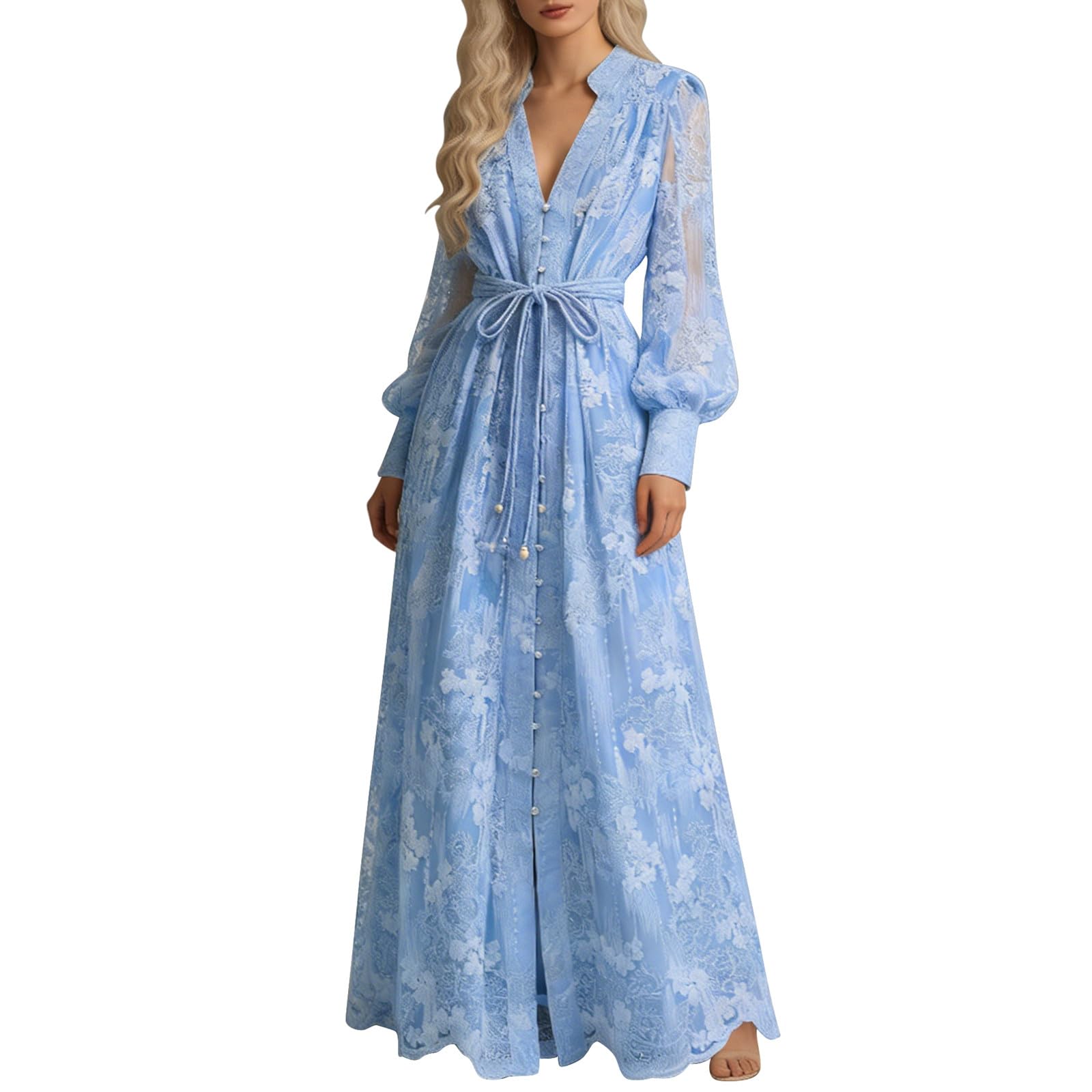 Elegante Abito Casual con Ricamo in Vita e Maniche Lunghe e fluide