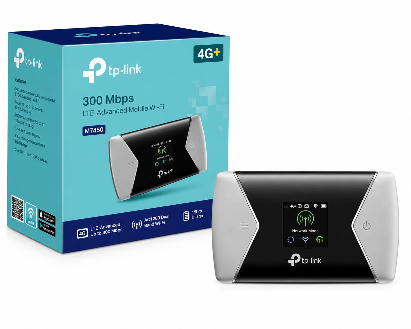 TP-Link M7450 Wi-FI Routeur Mobile 4G+ LTE Cat 6 jusqu'à 300 Mbps, Hotspot 4G, Wi-FI bi-Band AC1200, Batterie Rechargeable 3000 mAh, Écran LCD Couleur - Noir，Déverrouillé Compatible Toute SIM