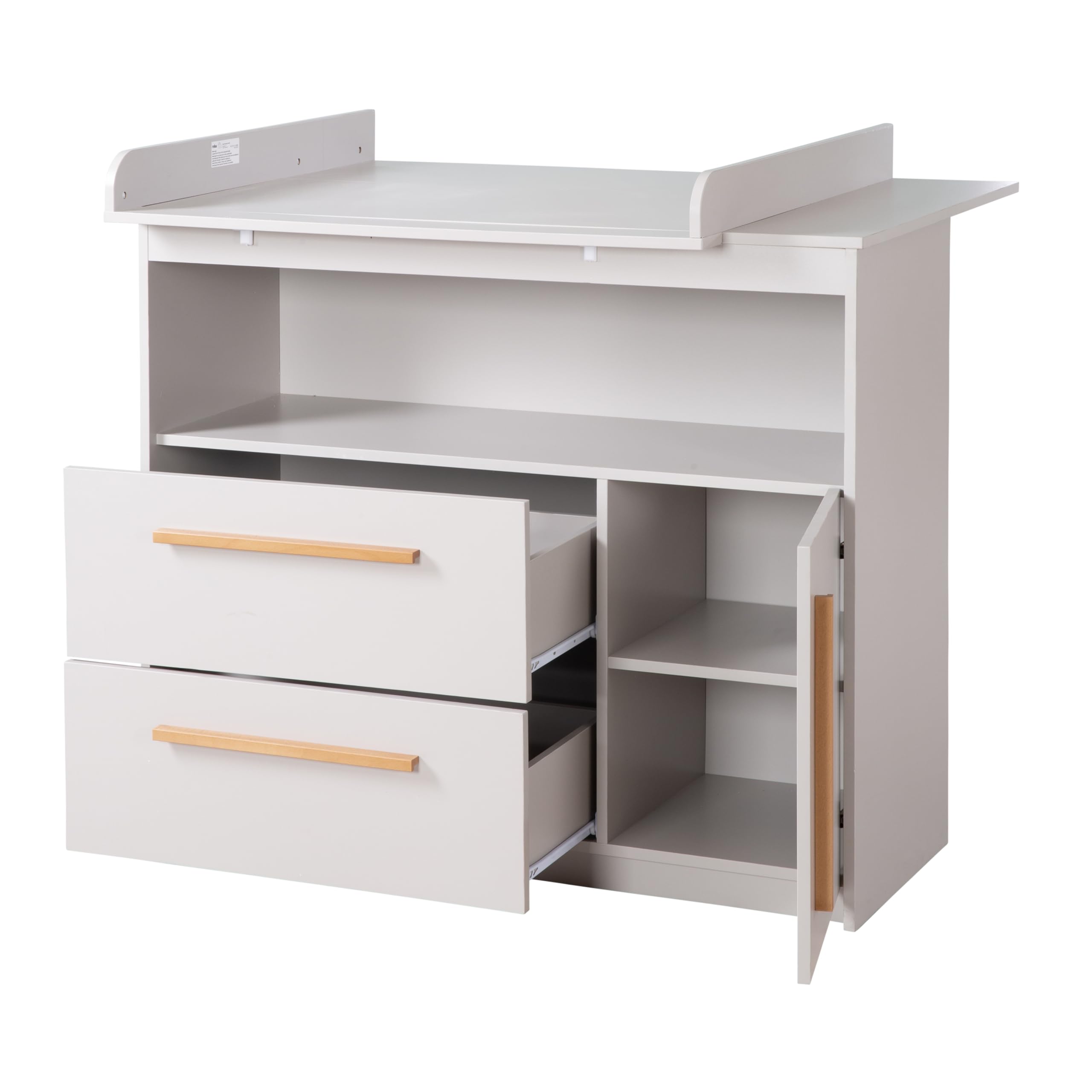 roba Wickelkommode Lea inkl. abnehmbarem Wickelaufsatz - Wickeltisch mit 2 Schubladen & 1 Tür - Griffe aus Holz - Beige/Grau