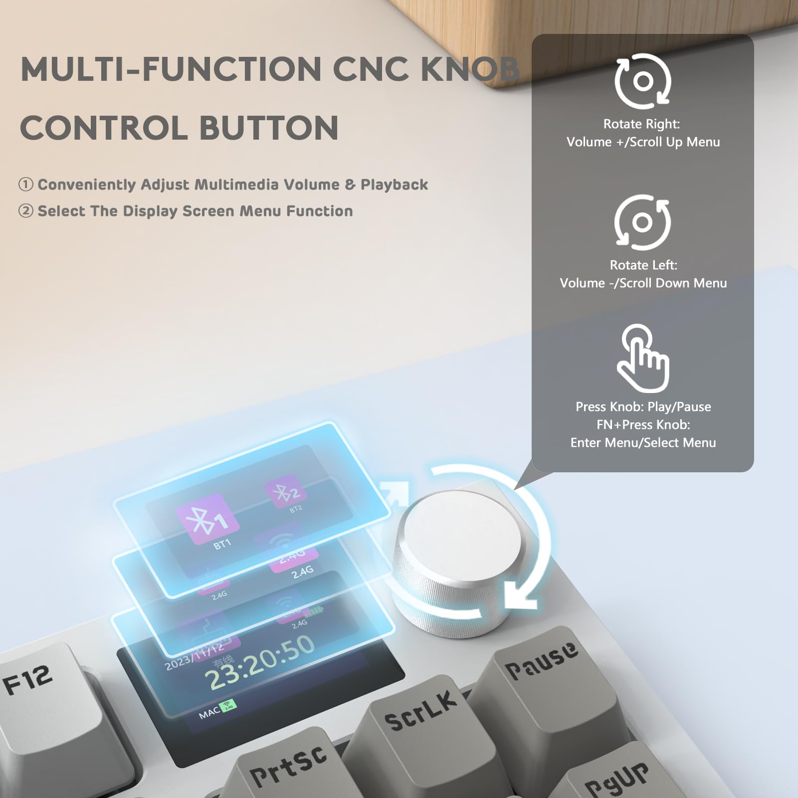 ATTACK SHARK K86 Teclado Mecánico Wireless 75%, Teclado para Juegos Tri-Modo con 2.4G/BT5.0/USB-C Cable, QWERTY TKL 87 Tecla, Pantalla TFT HD de 1.2' y Perilla, RGB Hot-Swap Linear Switch - Gris