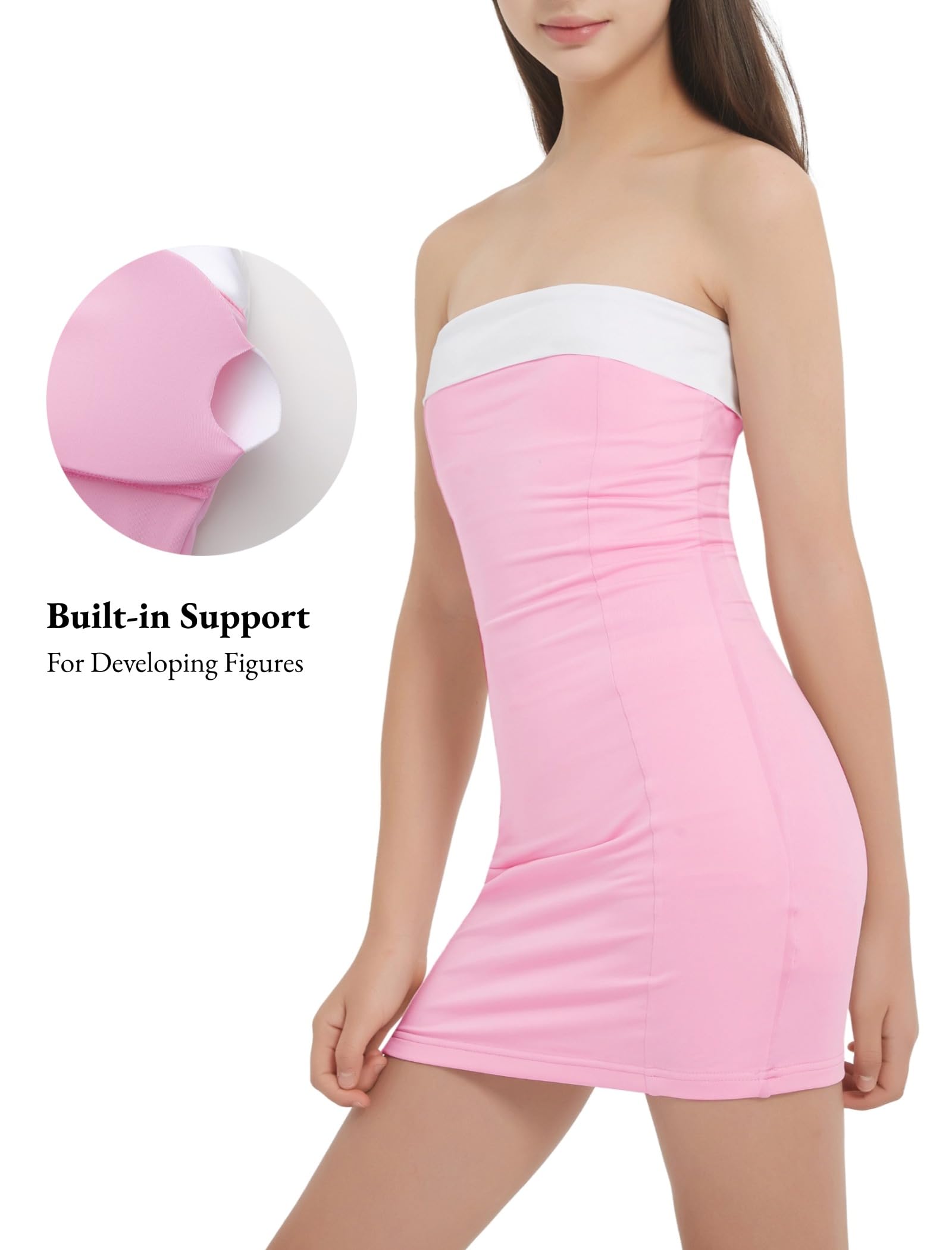 EXARUS Trägerloses Kleid für Mädchen, gepolstert, Teenager, tailliert, Heimkehr, Tanz, formell, Pink/weißer Rand, 164