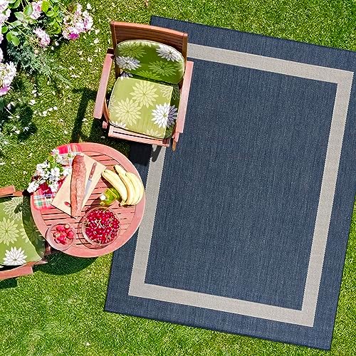 CAMILSON Outdoor Rug - Modern Area Rugs for Indoor and Outdoor patios, Kitchen and Hallway mats - Washable Outside Carpet (8x10, Bordered - Blue/White)