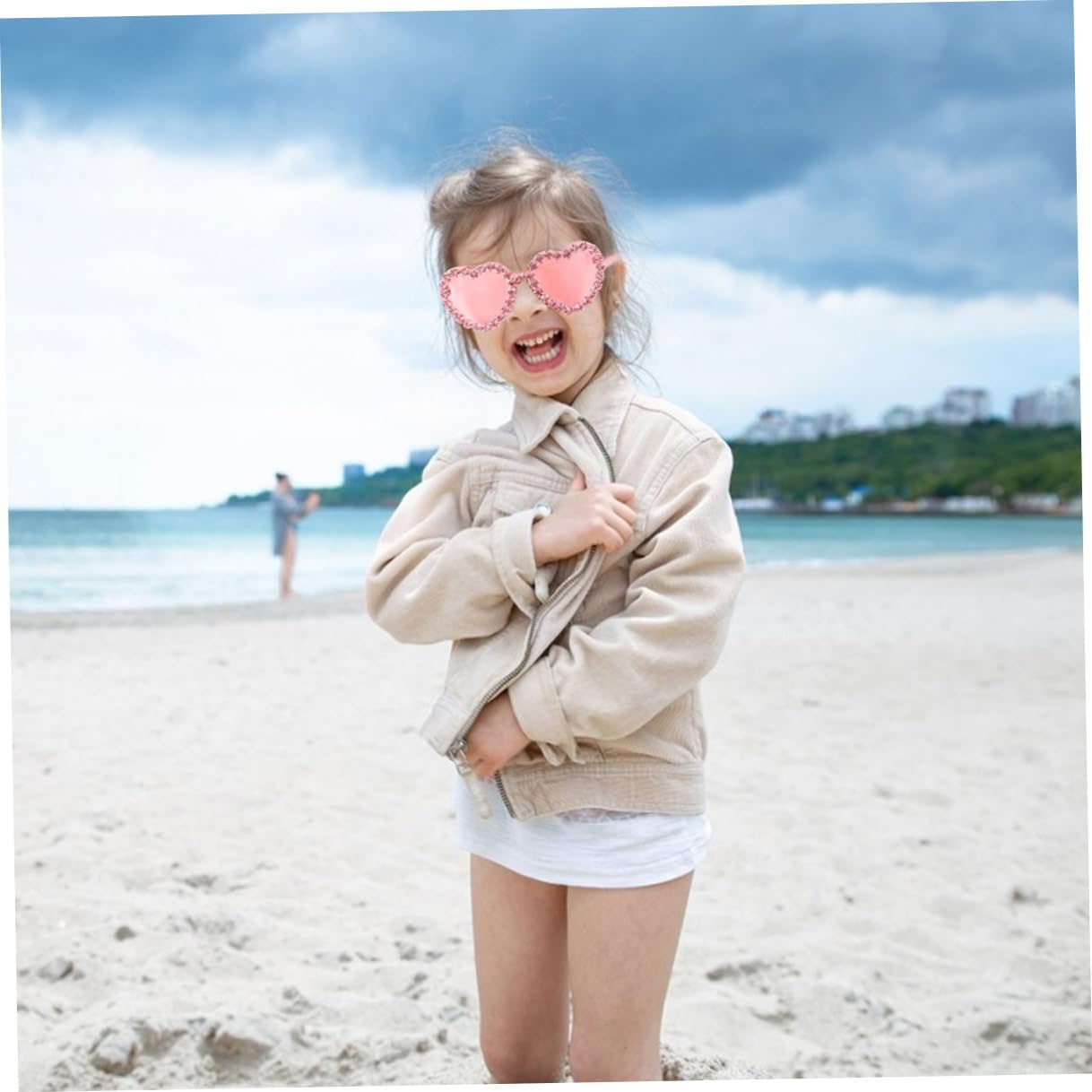 GLEAVI 2pcs Heart Sunglasses for Women Pink and Deep Red Rhinestone Rimless Heart Shaped Glasses Stylish Eyewear for Valentine’s Day Beach Party