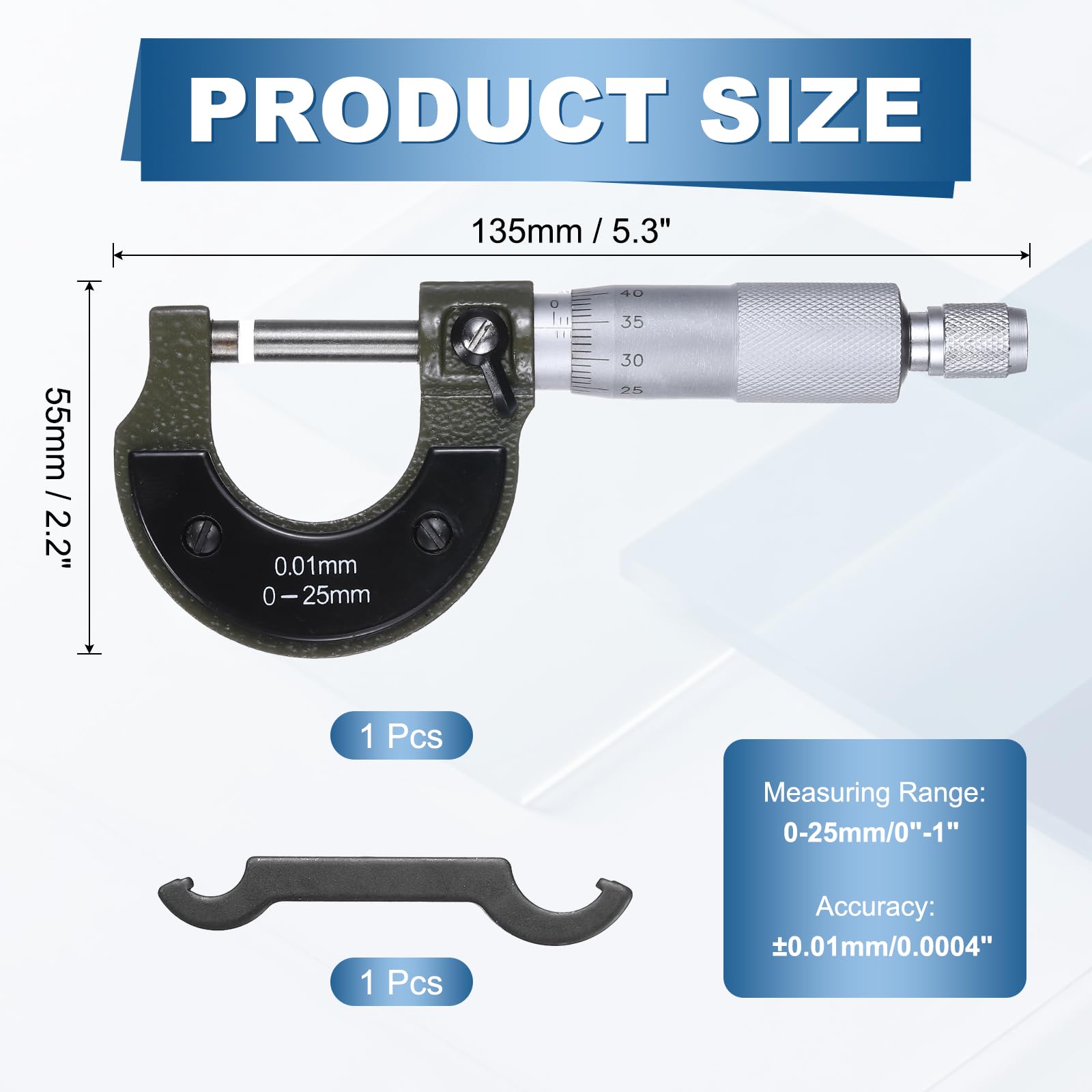 Herramienta de medición de precisión de grado industrial para metal, con rango métrico de 0 a 25 mm y precisión de +/-0,01 mm, con tope de trinquete, para maquinistas e ingenieros. Color gris.