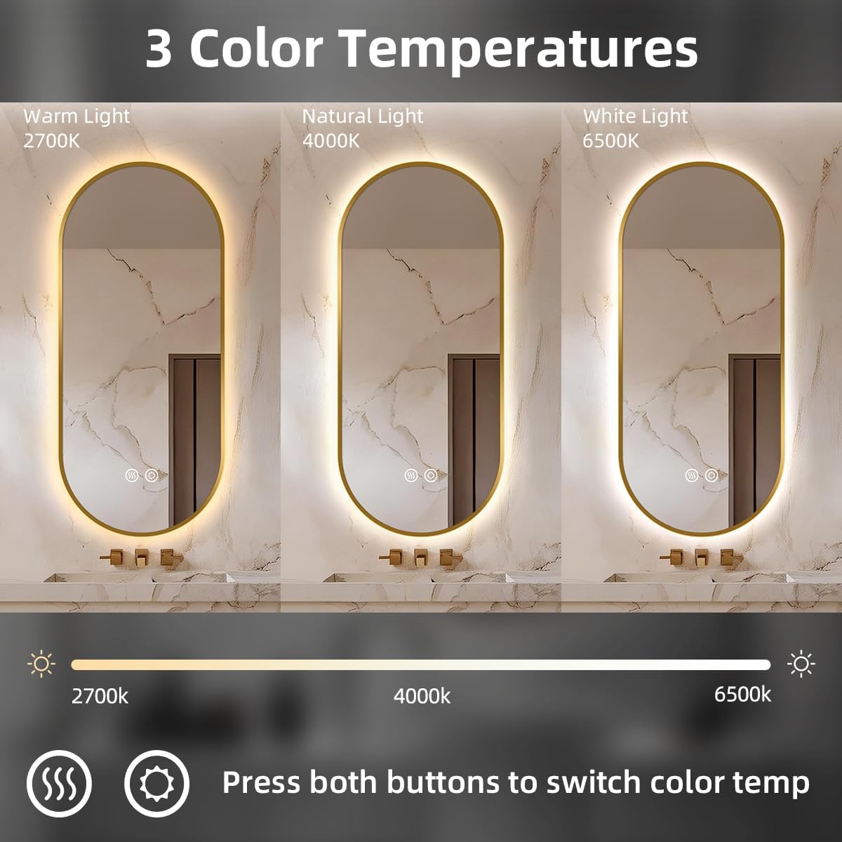 20" W x 32" H Gold Oval LED Bathroom Mirror with Lights