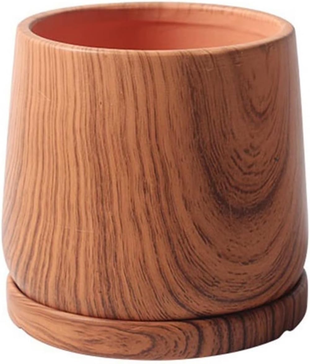 Vasi da fiori creativi, vasi rotondi in ceramica in stile antico, contenitori for piante, contenitori for piante da interno con vassoio, design in finto legno con fori di drenaggio, fiori, vasi, secch
