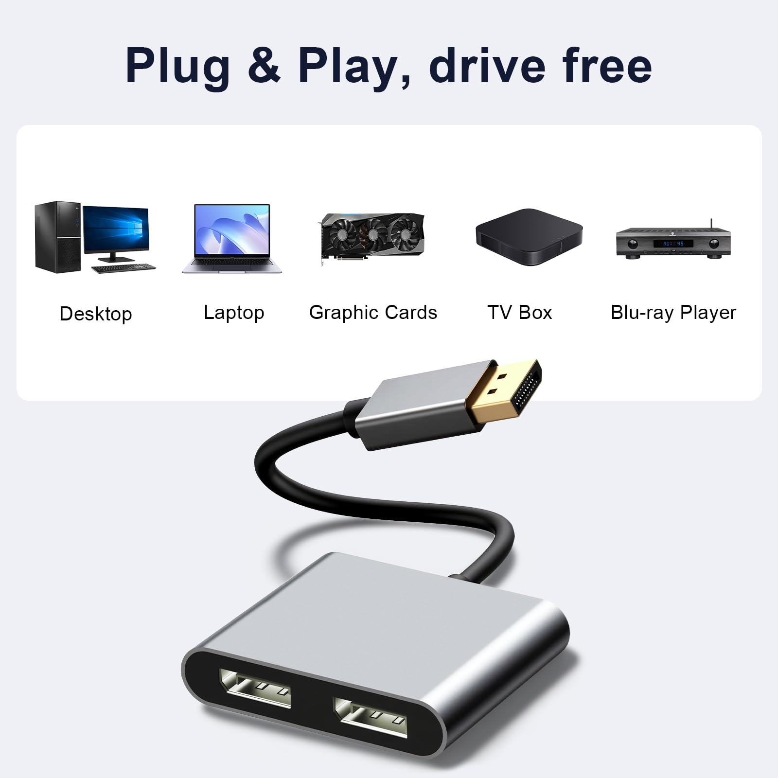 RUIZHI DisplayPort auf Dual DisplayPort Splitter Adapter – 4K@60Hz MST Hub, 1 Eingang zu 2 Ausgängen, unterstützt Erweiterungs- & Spiegelmodus, DP 1.4 Splitter kompatibel mit für PC, Laptop, Desktop