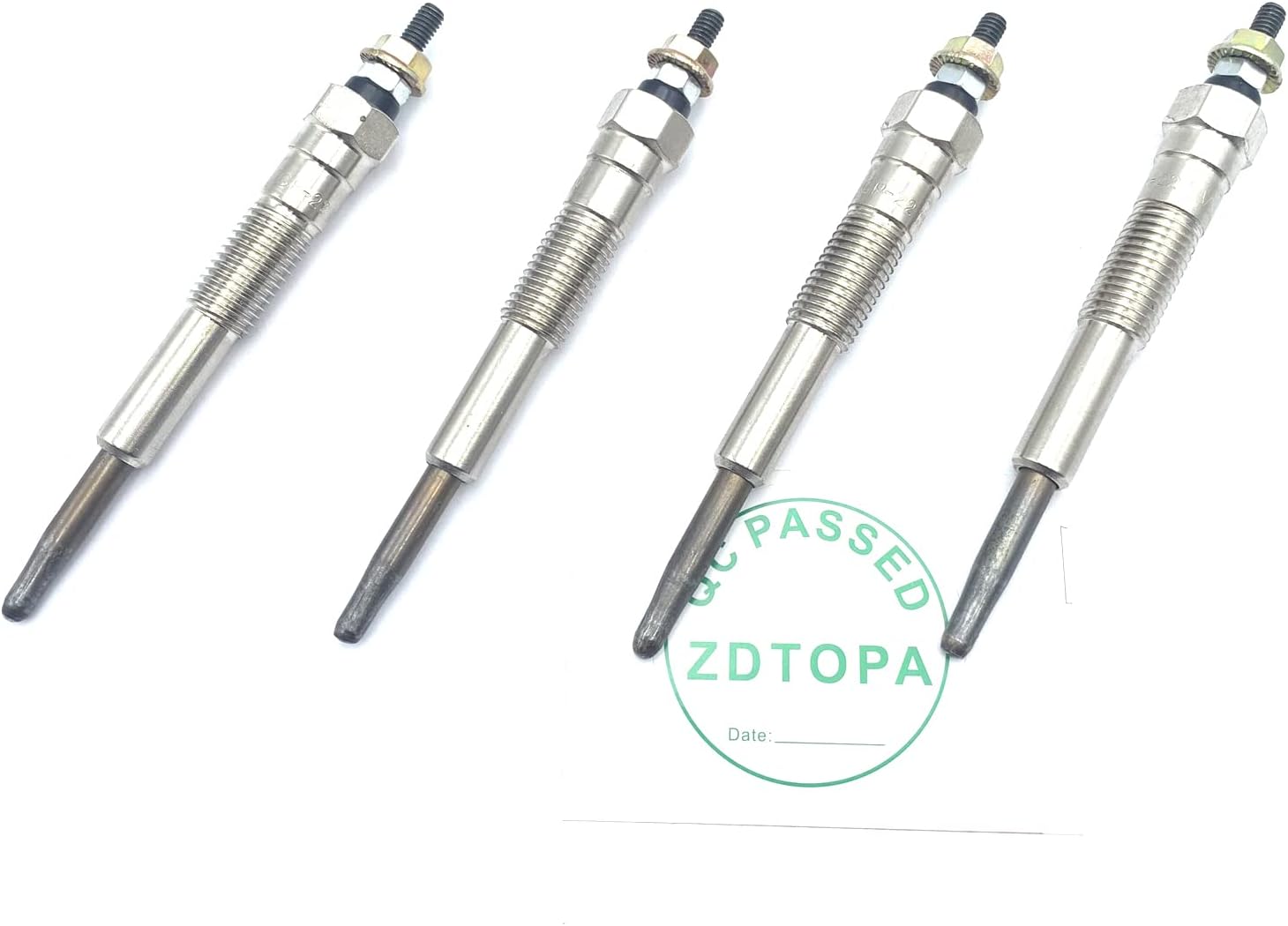 Four ZDTOPA glow plugs with a 'QC PASSED ZDTOPA' stamp visible on the background.