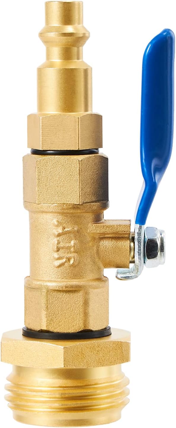 Brass RV Winterize Blowout Adapter,1/4 Inch Male Quick Connecting Plug and 3/4 Inch Male GHT Thread,With Ball Valve and Washers For Blow Out Water to Winterize Sprinkler Systems