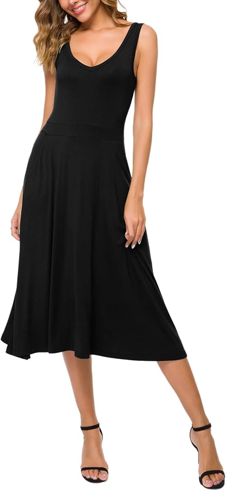 Urban CoCo Women's Sleeveless Solid Flared Midi Dress with Pockets