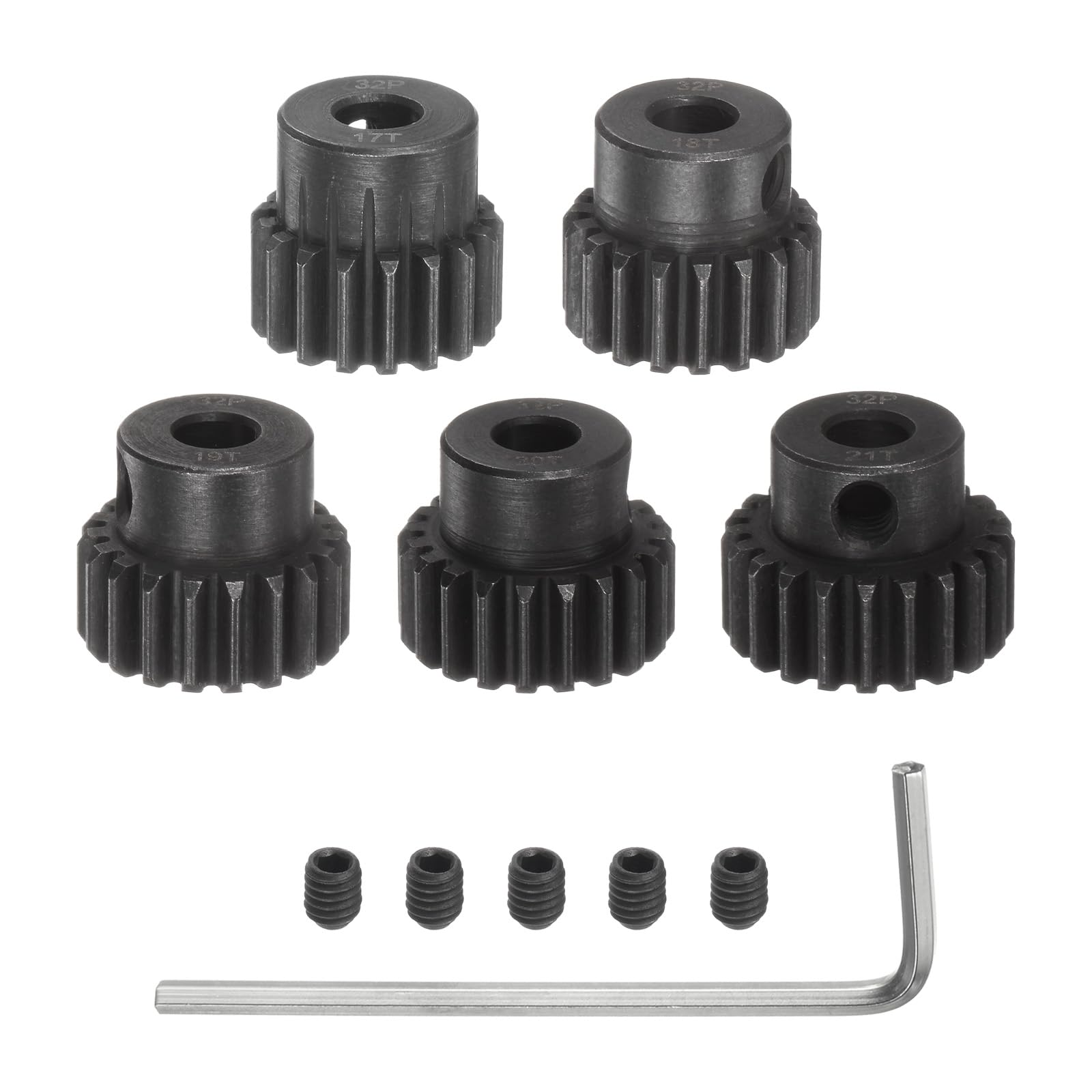 QUARKZMAN 32P Ensemble De Pignons à Engrenage Conique 5mm Arbre 17T 18T 19T 20T 21T Pignons Moteur En Acier Trempé Avec Étape Pour Voiture Rc (5 Pièces)