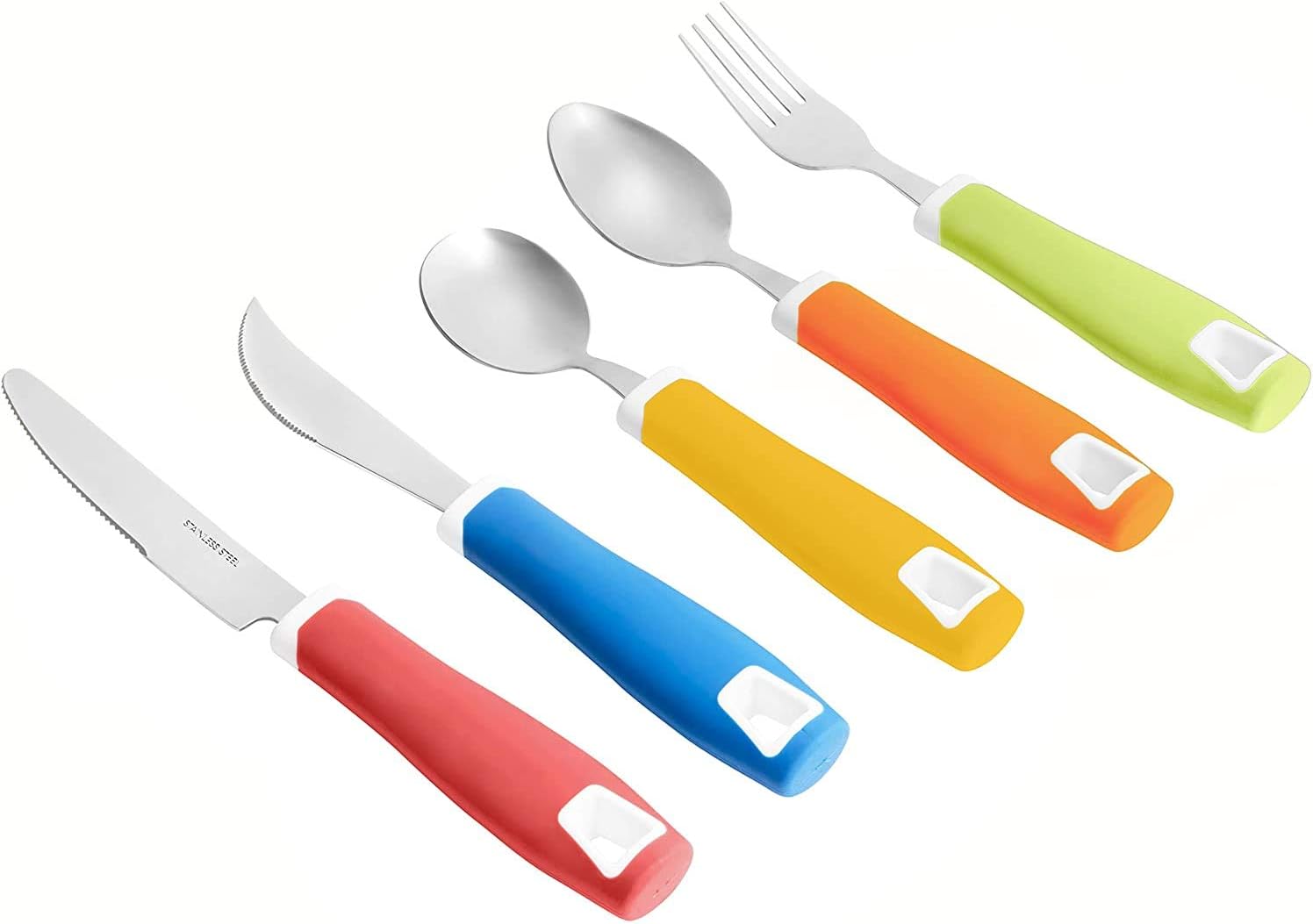 Special Supplies Adaptive Utensils 5-Piece Set Non-Weighted, Non-Slip Handles for Hand Tremors, Arthritis, Parkinson’s, Elderly Use -Stainless Steel Knife, Rocker Knife, Fork, Spoons -Colored : Health & Household