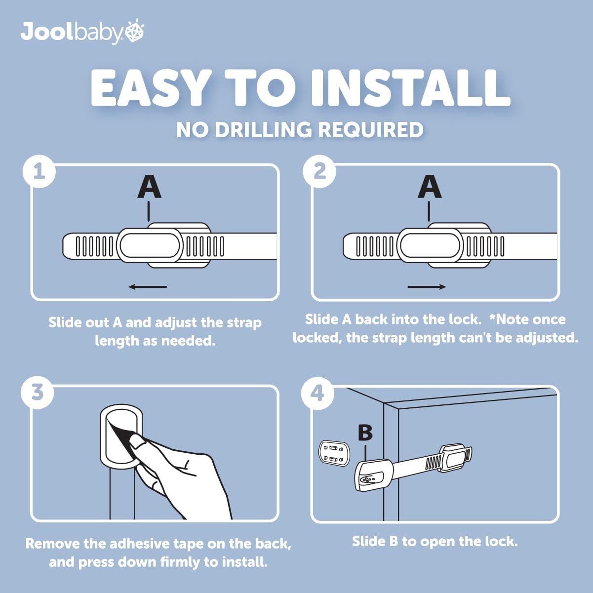 Step-by-step diagram for installing Jool Baby strap locks.