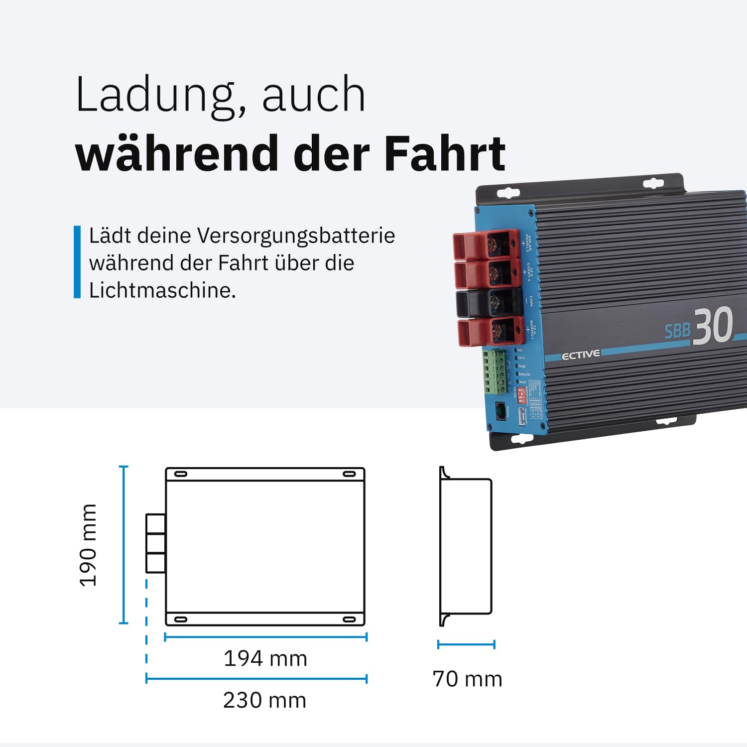 ECTIVE SBB 30 Solar-Ladebooster 30A 12V 250Wp MPPT Solarladeregler DC-DC Ladegerät AGM Gel Nass LiFePO4 Wohnmobil