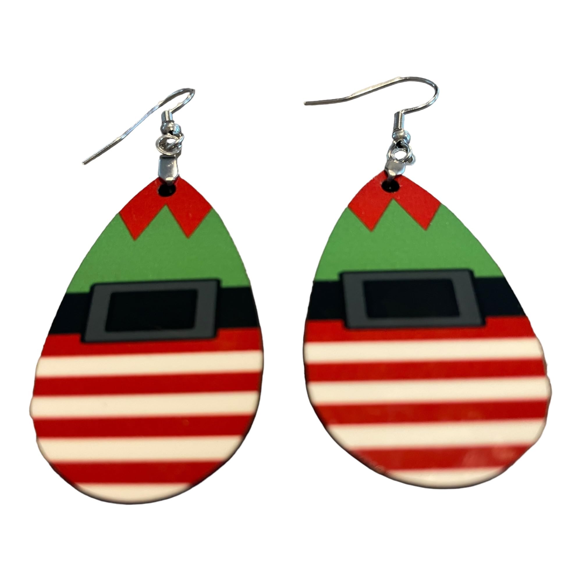 Wood Teardrop Earrings, Christmas Earrings, Dangle Earrings, Silver Plated Earwires, Elf, Holiday (Silver plated hooks (nickel free, coil, ball))