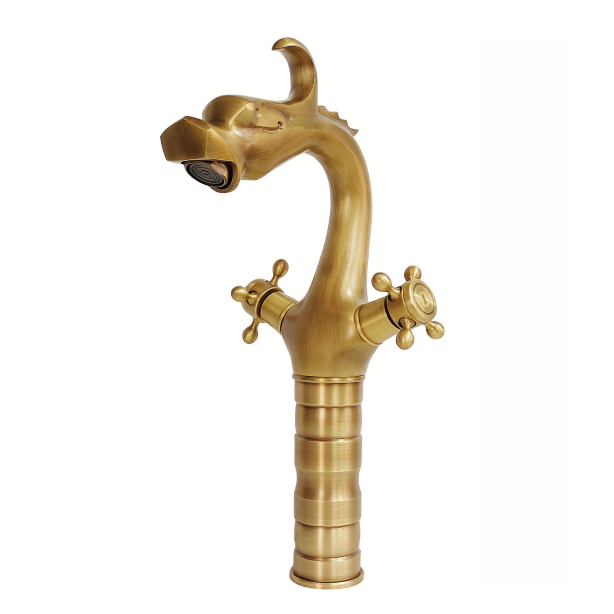 Grifo de Lavabo Alto Latón Antiguo, Doble Manija Vintage Mezclador de Baño Bronce, Cabeza de Dragón Grifos de Baño Lavabo, Retro Grifo Mezclador de Agua Caliente y Fría (33 cm)