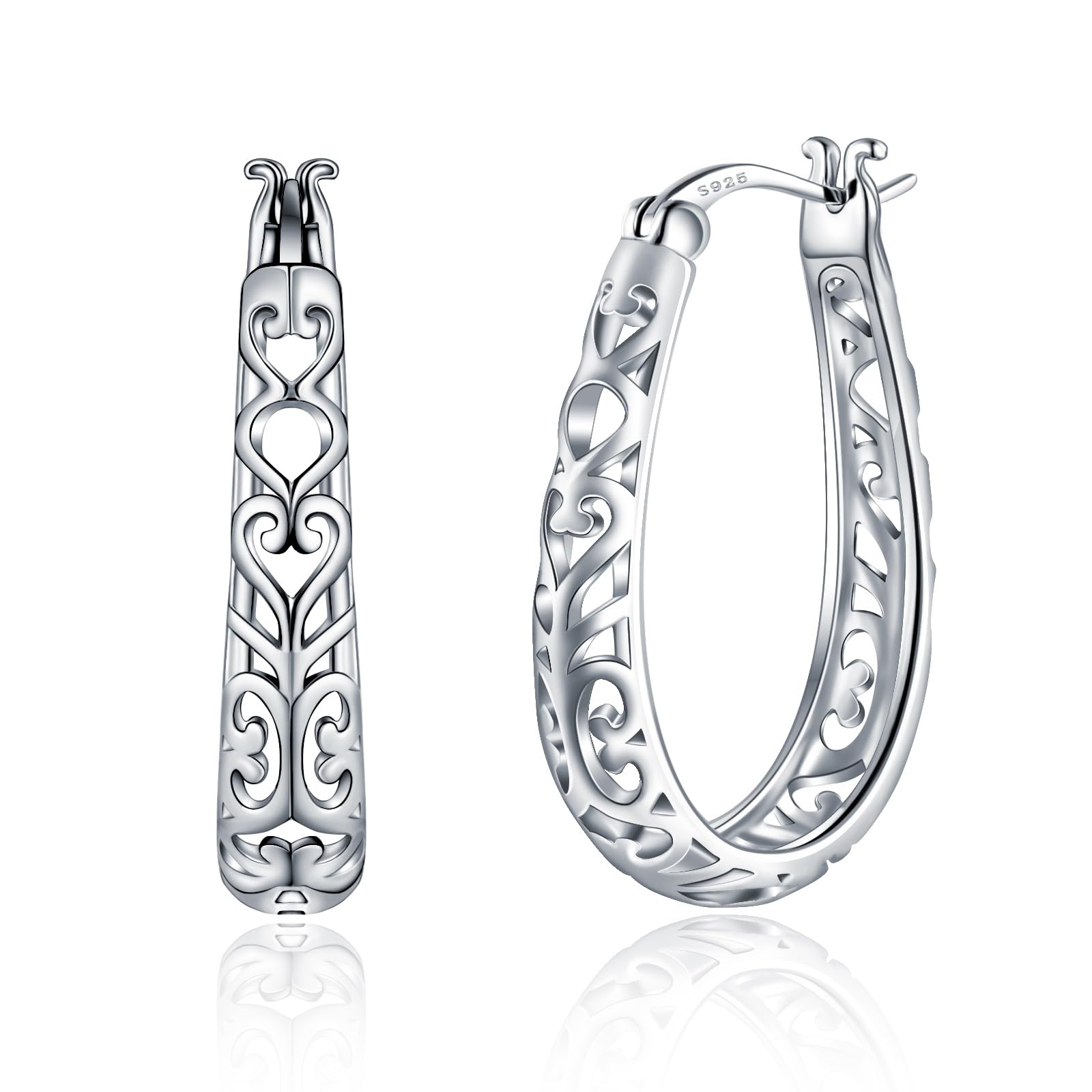 JSGEMSLEE 925 Sterling Silver Vintage Filigree Hoop Earrings Lightweight Oval Hoop Earrings for Women Hypoallergenic Earrings