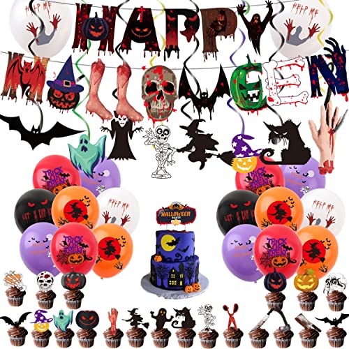Halloween Deko, 43 Stk Halloween Party Deko Indoor Set für Grusel Party Kinder Erwachsene- Halloween Bunte Ballons Happy Halloween Girlande Tortendeko Kürbisse Skelett Hexe Fledermäuse Cover