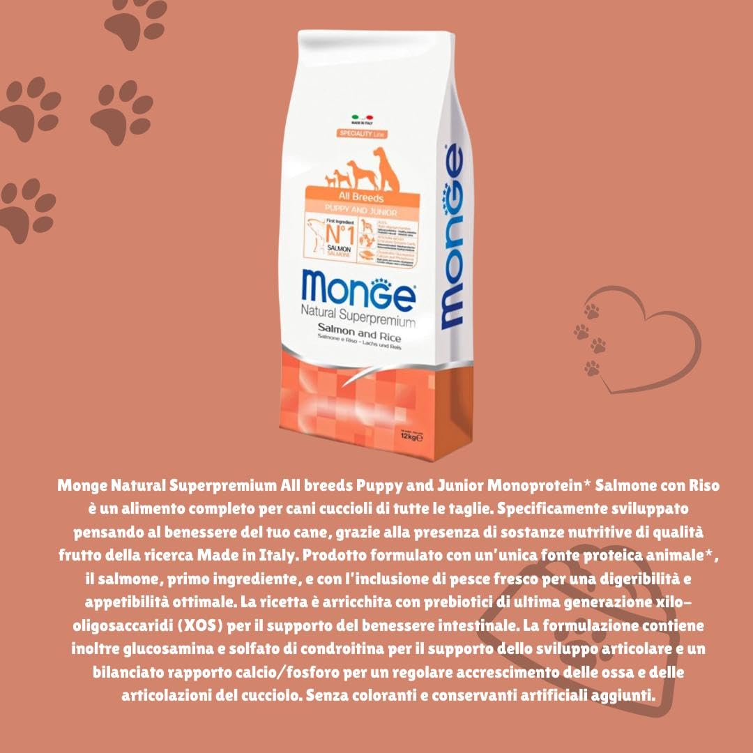 Monge All Breeds - Comida completa para perros y cachorros de todas las tallas, sabor salmón, 12 kg