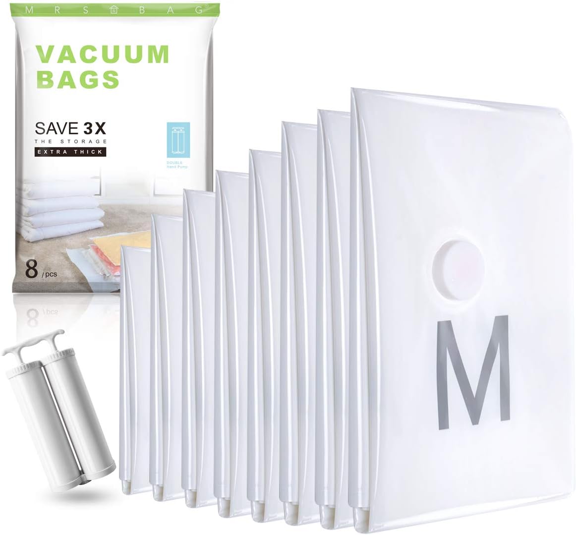 Premium Space Saver Vacuum Storage Bags - Extra Thick(100 Micron) 8 Pack (2*Jumbo+4*X-Large+2*Small) with Double Hand Pump for Travelling, Clothing Storage, Clothes, Bedding & Compression