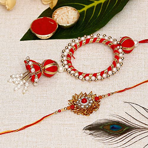 Image of eCraftIndia Red, Blue & Golden Designer Peacock Rakhi with Roli Chawal Pack - Rakhi for Brother