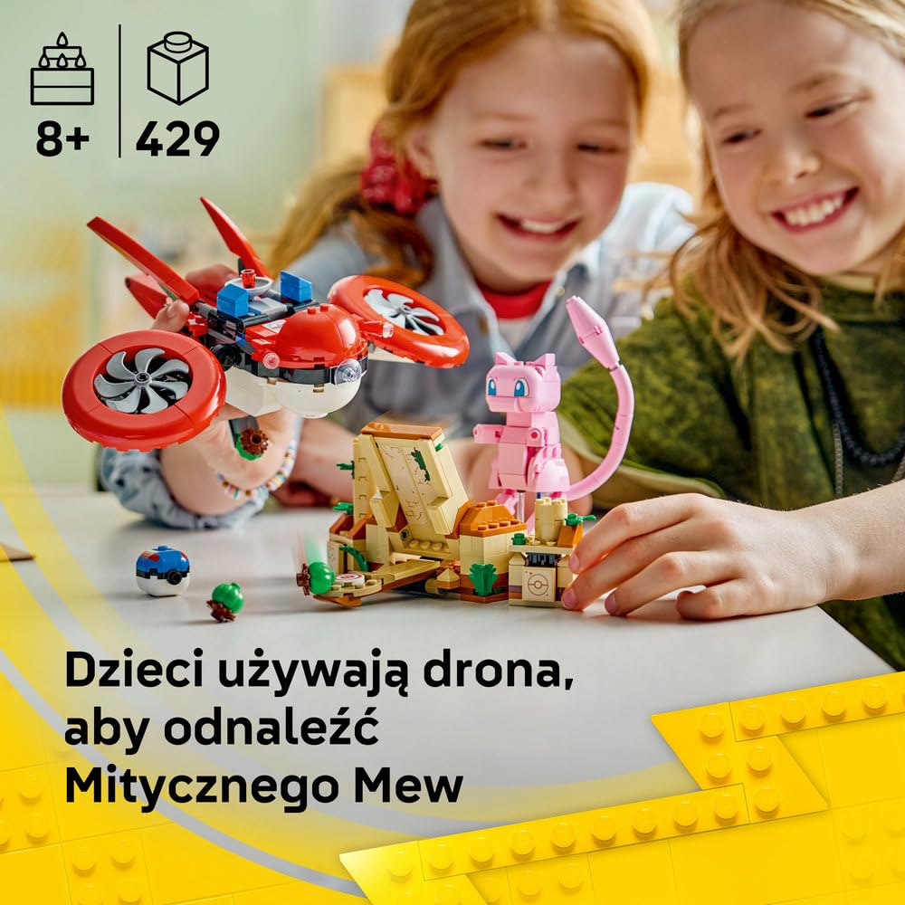 LEGO Pokémon SMART Play: Poszukiwania Mitycznego Mew za pomocą drona 72161 | Interaktywna zabawka z figurką Pokémona z klocków, zestaw kompatybilny, prezent dla dzieci 8+, 3 SMART Tagi, 429 elementów