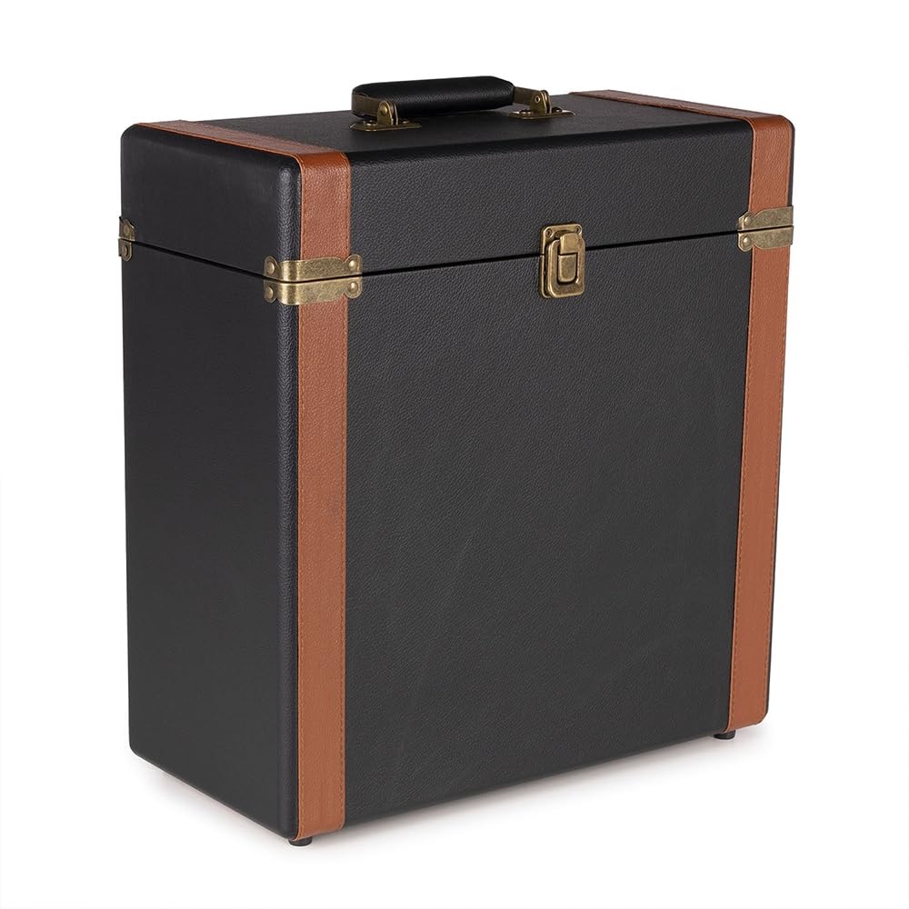 Audizio RC37 - Maleta de Lujo Elegante y Duradera con Capacidad para 30-35 Discos de Vinilo dependiendo del gramaje, Cierre metálico, esquineras de latón, bisagra y asa de Transporte, Color Negro