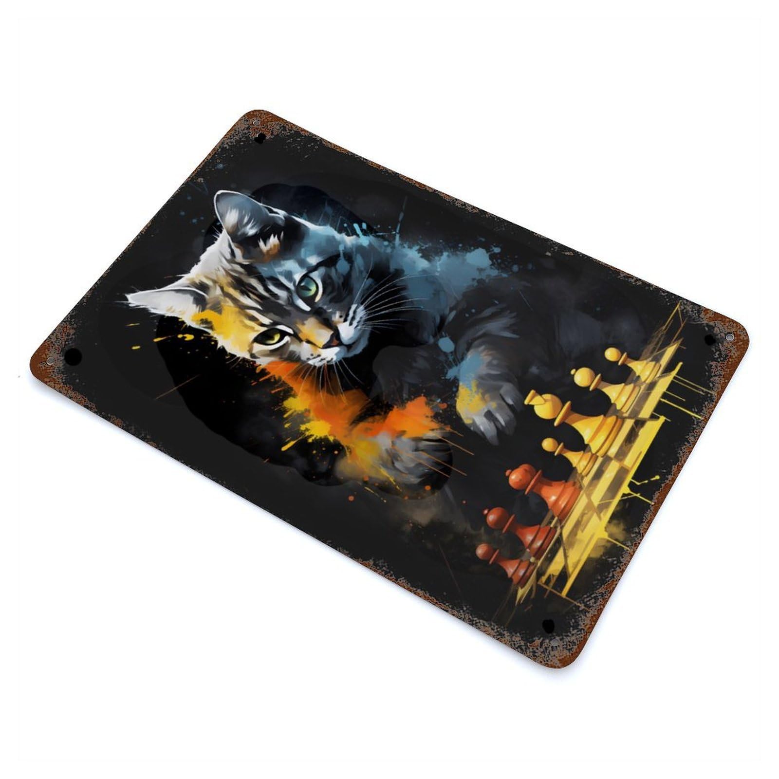 Garage Style Cat Chess Painting Vintage Rust Metal Sign 11.8"x7.9", Retro Wall Decor for Bar And Workshop