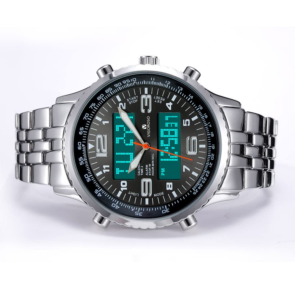 VIGOROSO Orologio da uomo analogico digitale a LED, con data, settimana, sportivo, in acciaio nero, da uomo