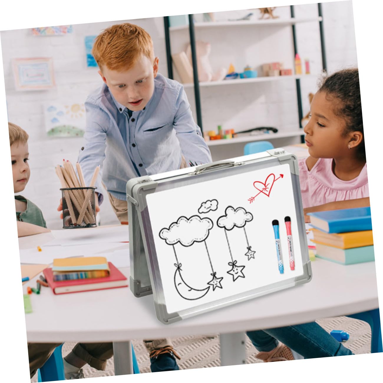 Lavagnetta Bianca Cancellabile Doppia Faccia Portatile Pieghevole | Alluminio e Abs, Formato Mini da Tavolo, Uso per Scuola e Riunioni Ufficio