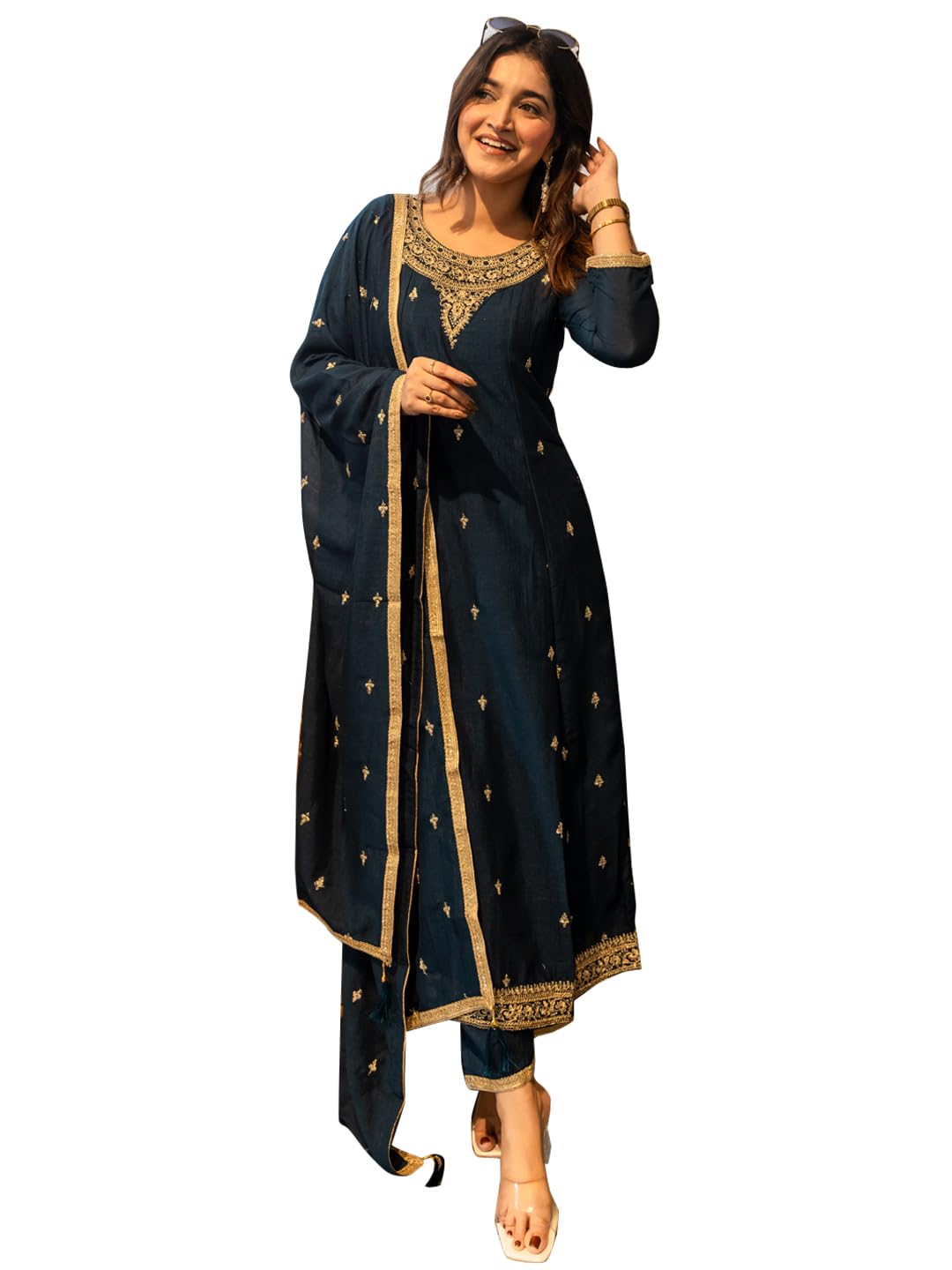 vredevogel Women's Silk Blend Embroidered Anarkali Kurta with Pant & Dupatta Set | Festive & Casual Women Ethnic Kurta Set for Women-picture-33
