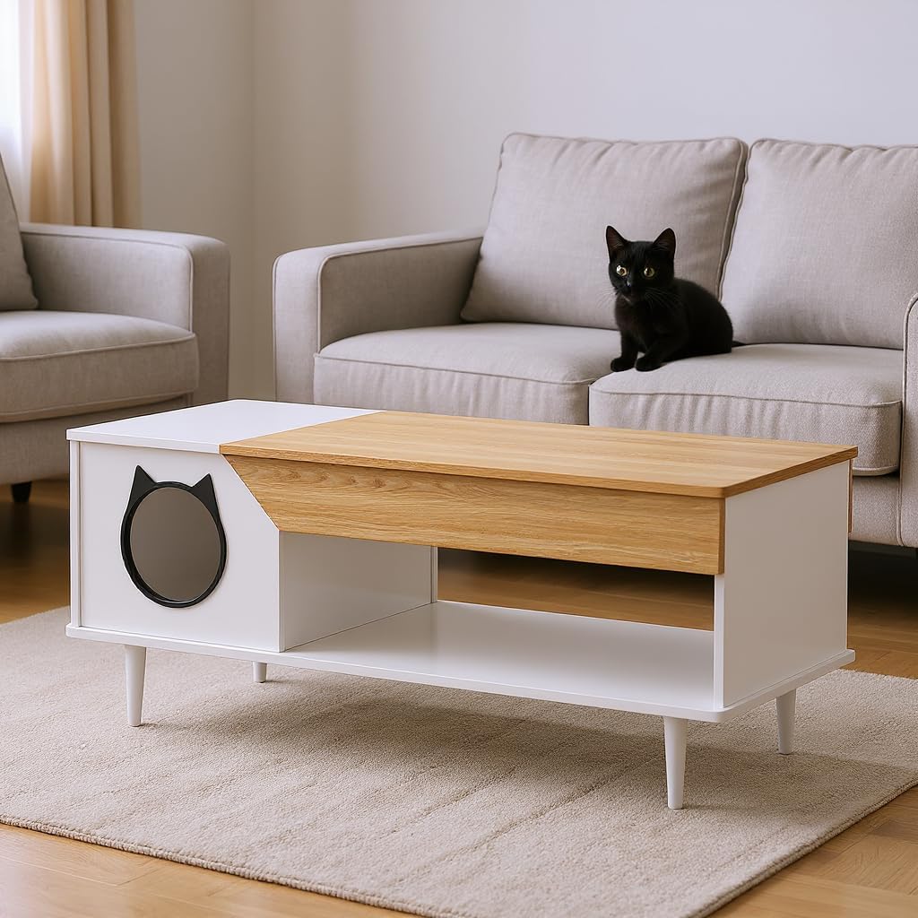 GarveeLife 45 in Black Coffee Table Cat Tables Living Room with Storage Drawer, Wooden Rustic Coffee Tables with Cat House, Hidden Kitty Food Table Litter Box Furniture Retro Color