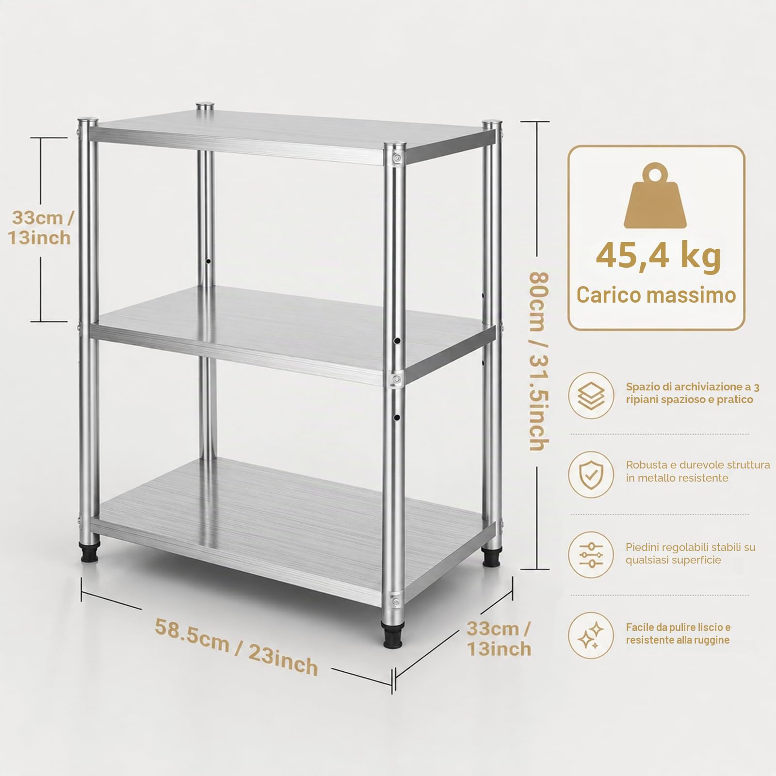 Scaffalatura a 3 ripiani in acciaio inox, multiuso, in metallo, moderno e piccolo scaffale per microonde, supporto per piante, per cucina, soggiorno, ufficio, garage, patio (79 cm x 59 cm x 35 cm)