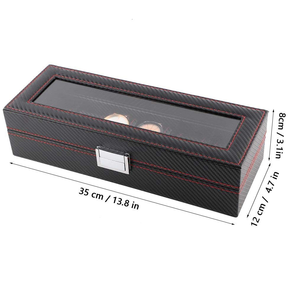 Uhrenbox mit 6 Fächern, Uhrengehäuse mit Glasdeckel, abnehmbare Polster, Metallschnalle, Kunstleder, 33 x 12 x 8,5 cm