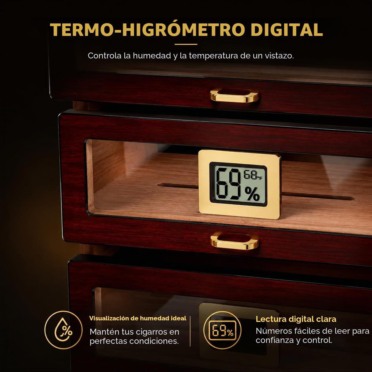Armario Humidor para 150 Puros, Higrómetro Digital, Ébano