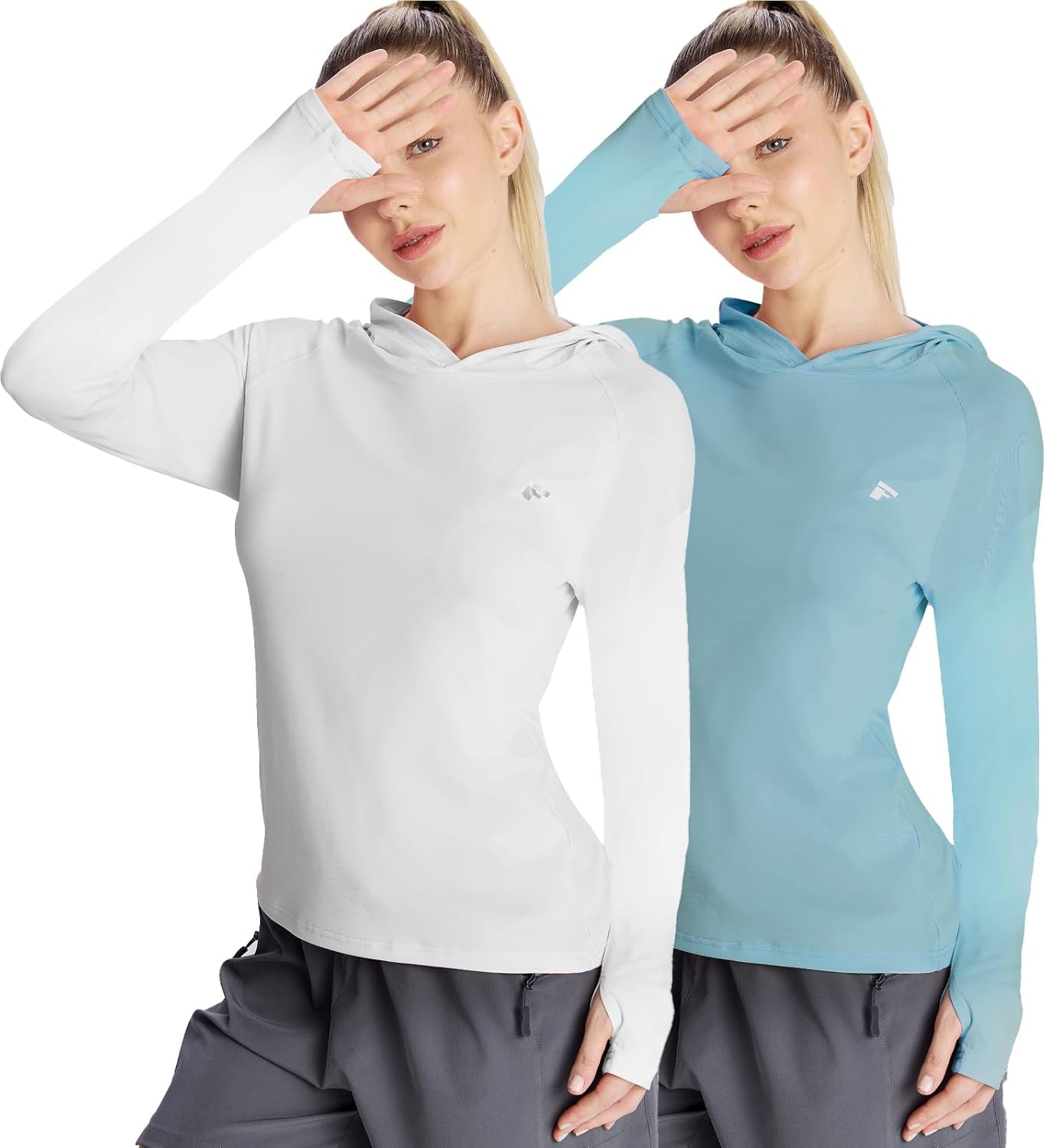 Women's UPF 50+ UV Sun Protection Hoodie, Long Sleeve Outdoor Athletic Shirt with Thumb Holes, 1/2 Pack